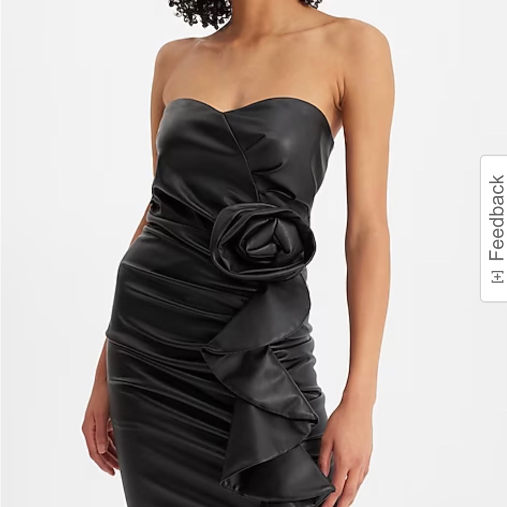 Express Faux Leather Strapless Rose Ruffle Mini Sheath Dress